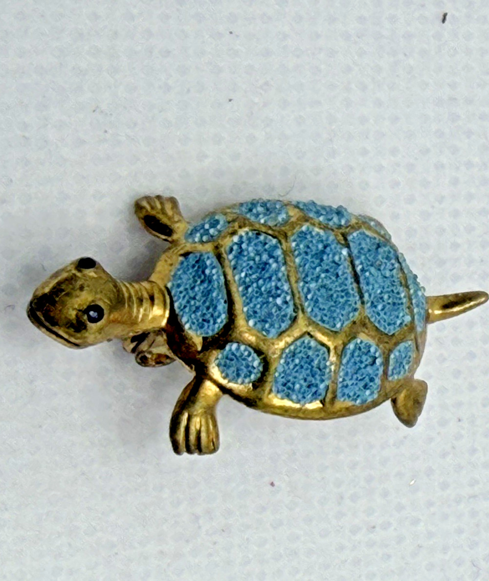 Vintage Turtle Pin Brooch Gold Tone Turquoise Blue Textured Shell Korea 1"
